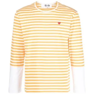 CDG Play Embroidered Logo Striped Long-Sleeve Tee White/Yellow